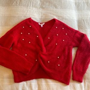Red cropped fuzzy sweater w Pearls. Fits like a L